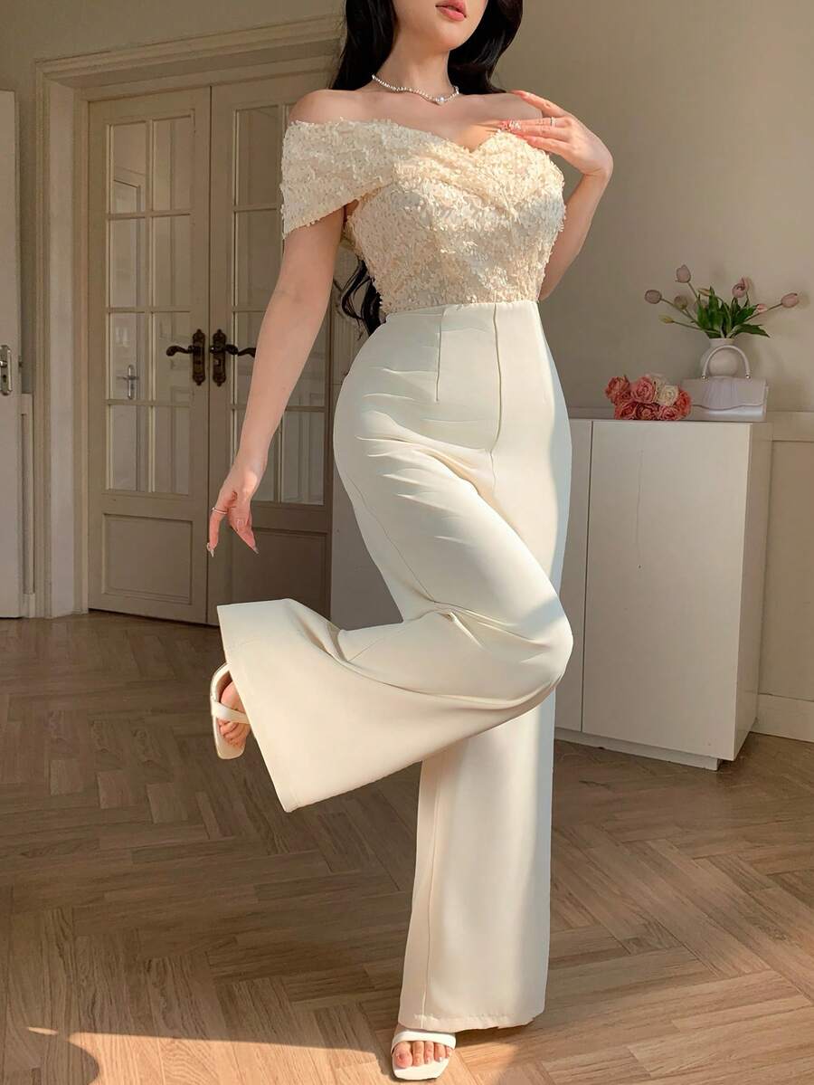 DAZY Women's Elegant Sequin Patchwork Off Shoulder Wide Leg Jumpsuit, Summer - Beige - View 1
