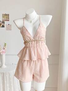 Women's Casual Blue Knitted Camisole And Shorts Set, Brand - 粉紅色 2 - 查看 6