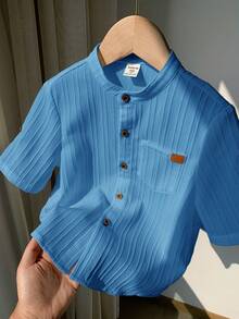 SHEIN 1pc Young Boys' Casual Collegiate Comfortable Linen Mandarin Collar Patch Pocket All-Match Versatile Shirt,Kids - Blue - View 7