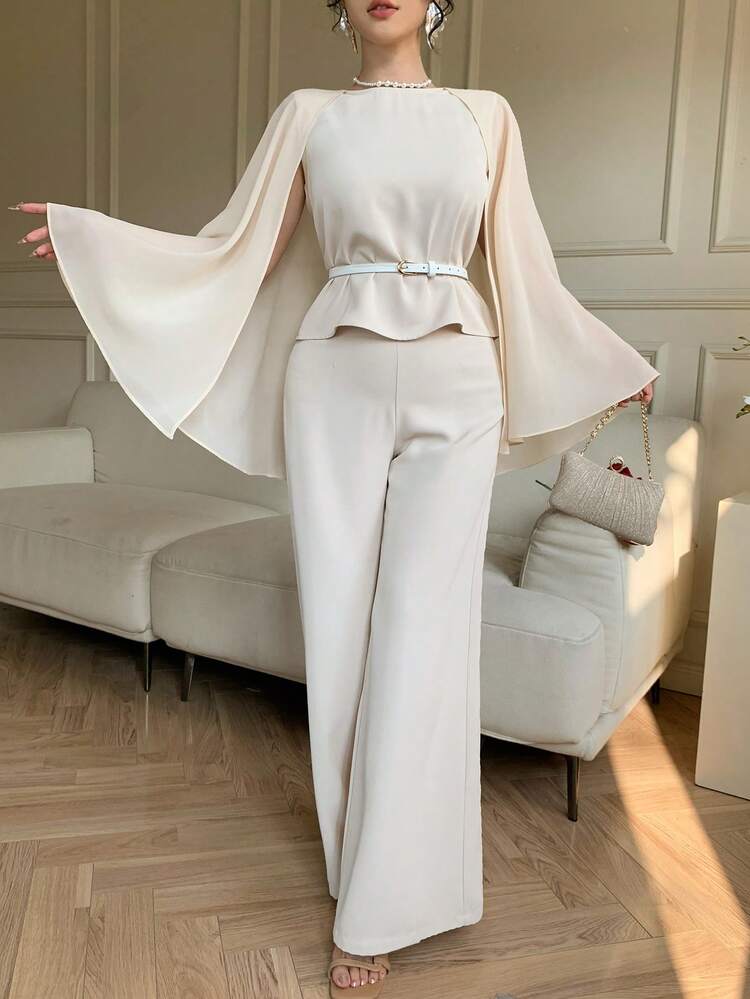 Spring & Summer 2-Piece Set: Shawl Collar Crop Top Shirt And Straight Leg Pants, Elegant For Valentine's Day, Wedding, Party, Formal Occasion, Fashion, Casual