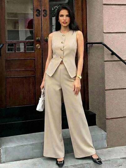 Aloruh 女士纯色金属单排扣马甲裤套装