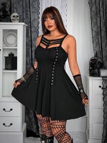 SHEIN Whyspr Plus Size Dark Grunge Distressed Texture Patchwork Eyelet Lace-Up Dress - Black - View 4