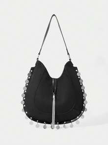 SHECARRY Casual Shoulder Bag With Metal Tassel Trim - Black - View 1