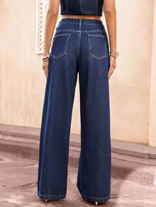 Selianne Jeans holgados y versátiles con vuelo y bolsillos para mujer - Azul lavado oscuro - Ver 2