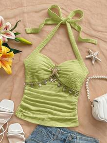 Soleia 女士度假风露背吊带背心，饰有海星贝壳图案荷叶边V领金属扣，白色针织纹理修身吊带背心，性感修身时尚上衣，适合派对、约会、邮轮旅行、海滩度假、音乐节、波西米亚风度假等场合，四季皆宜。 - 綠色 - 查看 4