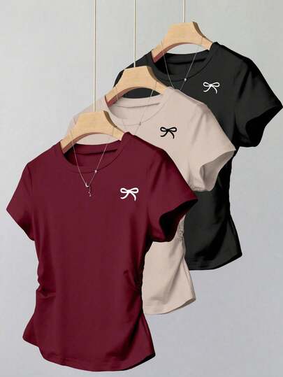 SHEIN Explorewe Conjunto de 3 piezas de camiseta para niñas preadolescentes, estampado retro de lazo casual, burdeos, champán, negro, cintura ajustada, adecuado para primavera/verano, ropa casual cómoda, serie de verano fresco, esencial de vuelta al colegio, conjunto de verano para niñas, moda infantil, estilo básico, estilo coreano de primavera/verano, moda infantil diaria