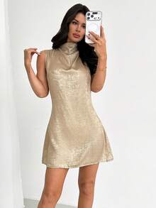 Firerie Women's Elegant Minimalist Fashion Commuter Urban Chic Music Festival Party Wedding Guest Holiday Birthday Party High Neck Draped Sleeveless Cinched Waist A-Line Gold Mini Dress, Suitable For Spring/Summer - Gold - View 7