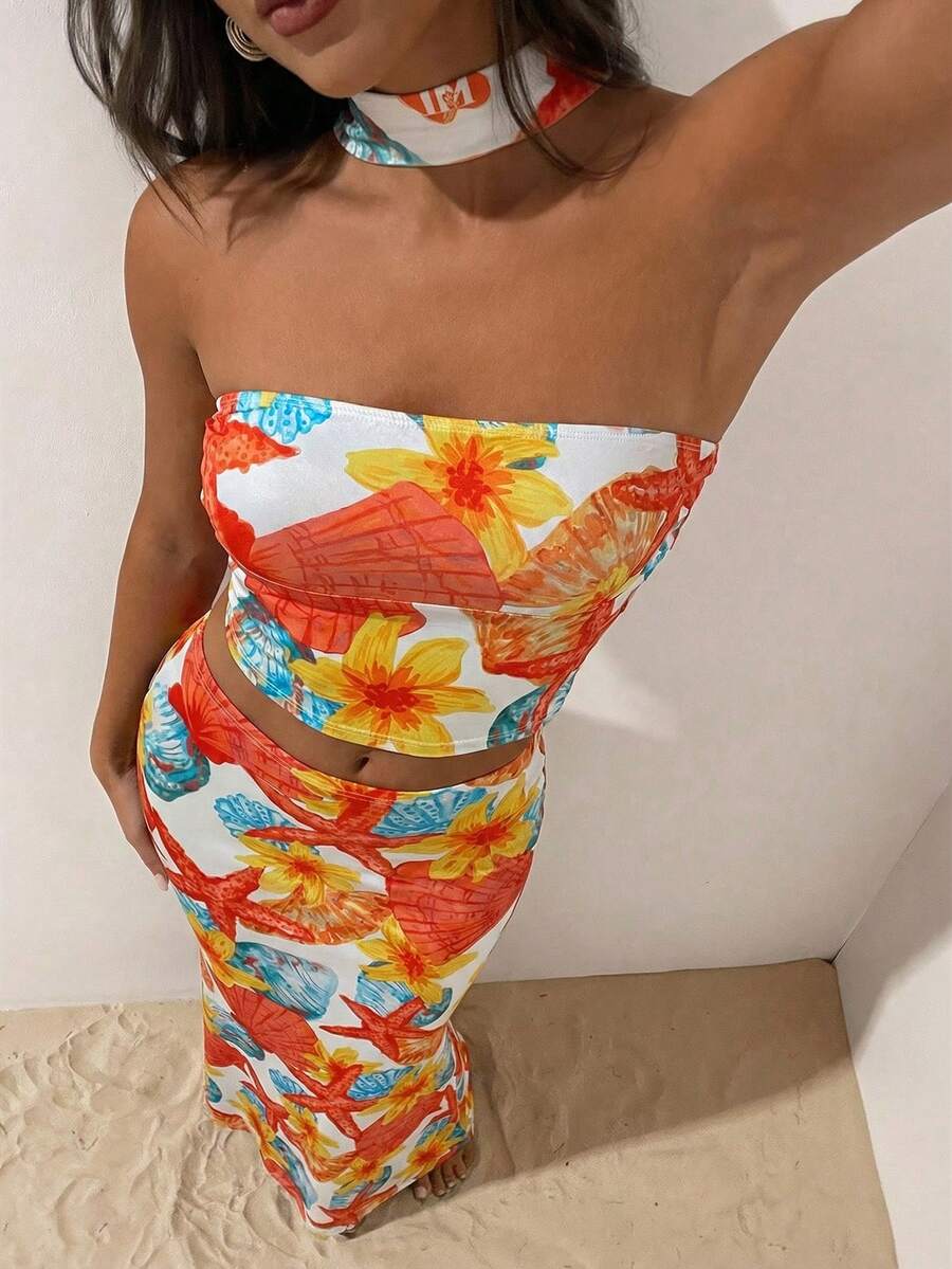 Opulessa Vacation Knit Classic Polka Dot Pattern Fitted Cropped Tank Top & Low Waist Fishtail Skirt 2 Pieces Set For Women - Multicolor - View 1