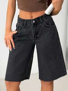 EURMUSE 低腰休闲风黑色水洗常规版型牛仔短裤，前开衩下摆，纽扣牛仔短裤 - 黑色 - 查看 2