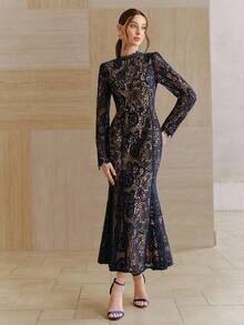 Anewsta 夏季度假轻盈连衣裙，镂空长袖水溶蕾丝性感V领露背修身鱼尾裙摆优雅派对礼服，女士 - 藏蓝色 - 查看 3