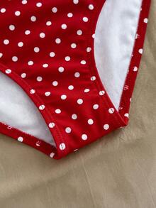 SHEIN 少女波点印花蝴蝶结装饰挂脖连体泳衣，夏季海滩度假 - 紅白色 - 查看 3