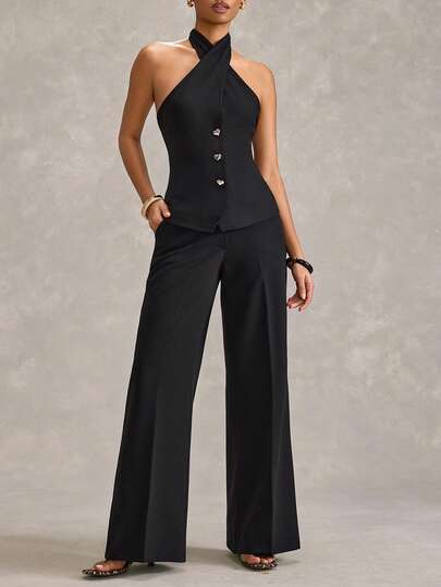 SHEIN Solid Color Criss-Cross Halter Sleeveless Top And Slant Pocket Wide Leg Pants Suit