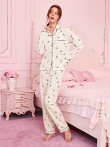 2 件女士波尔卡圆点蝴蝶结睡衣套装，长袖纽扣领上衣和裤子，休闲家居服，适合家居服，秋冬，秋季服装 - 白色 - 查看 4