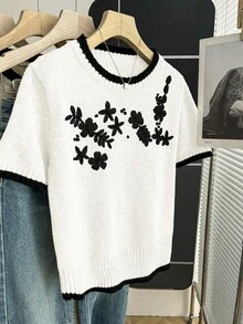 SHEIN Franclia 新款休闲宽松碎花甜美复古女式针织毛衣，春秋季 - 白色 - 查看 5