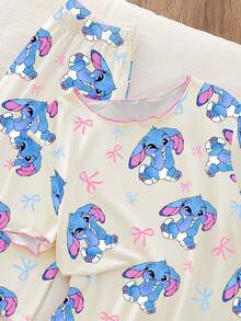 一套少女睡衣，杏色底，兔子和蝴蝶结印花，撞色滚边，短袖长裤休闲家居服 - 杏色 - 查看 5