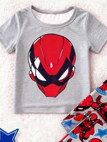1 Set Young Boy Spider & Superhero Print Tight Fit Round Neck Short Sleeve Pajama Top And Pants, Spring/Autumn - White - View 3