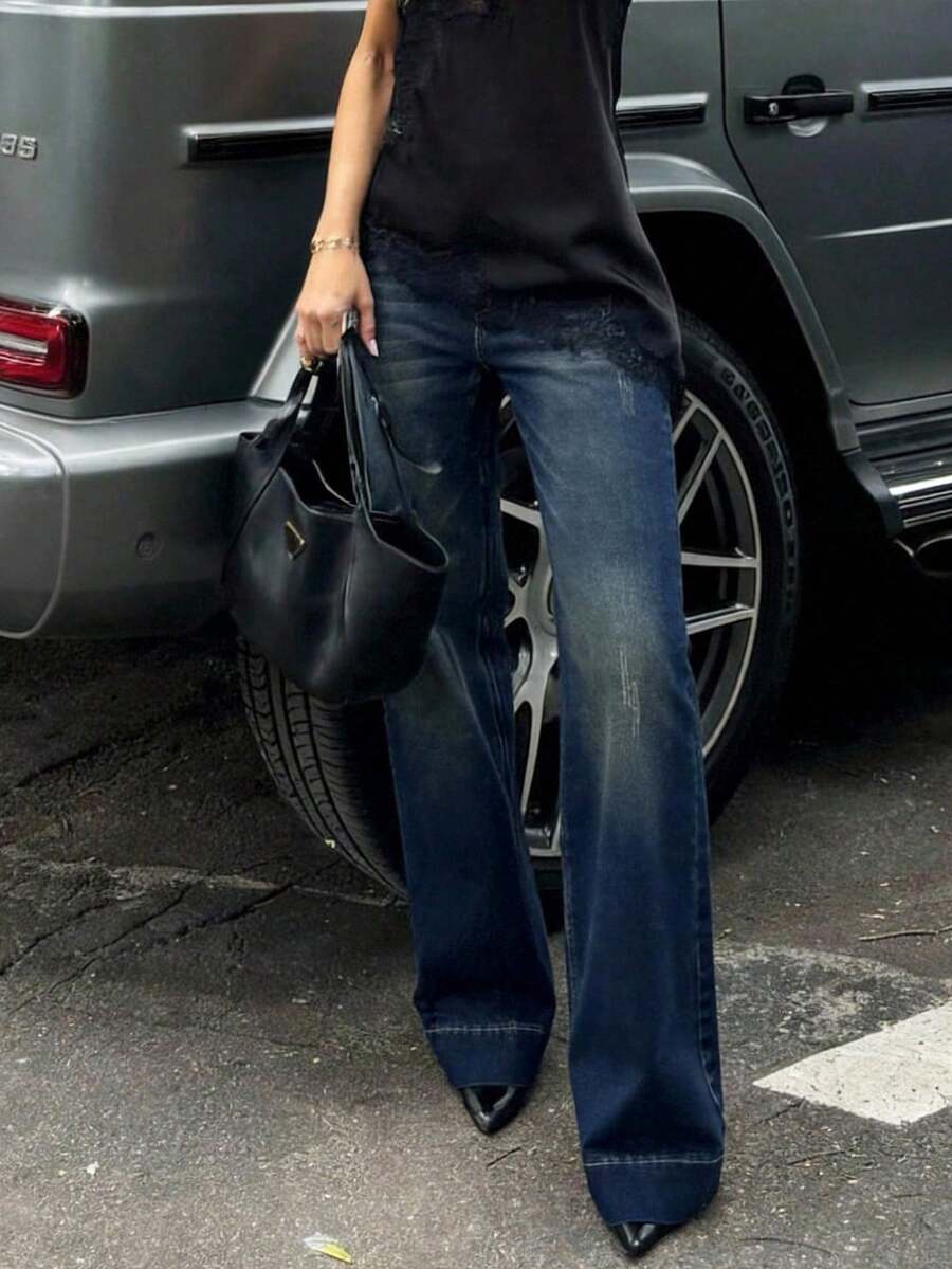 Aloruh Jeans de tiro bajo y campana casual lavados para mujer