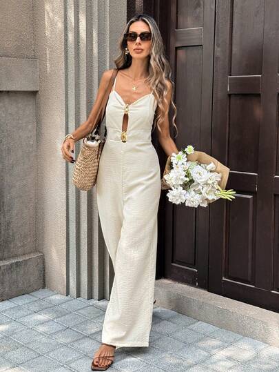 Pariaura Women's Metal Decor Casual Jumpsuit, Suitable For Vacation And Daily Wear