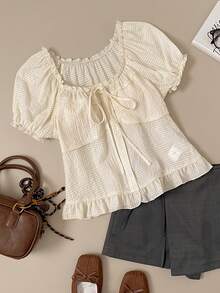 Muvela Spring/Summer New Beige Square Collar Ruffle Elastic Waist Front Button Tie Bow Plaid Ruffle Hem Sweet Cute Ladies Shirt, Fashionable Elegant Party British Style Retro College Wind Back To School Music Festival - White - View 1