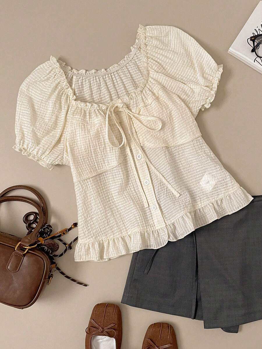 Muvela Spring/Summer New Beige Square Collar Ruffle Elastic Waist Front Button Tie Bow Plaid Ruffle Hem Sweet Cute Ladies Shirt, Fashionable Elegant Party British Style Retro College Wind Back To School Music Festival - White - View 1