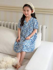 DAZY Đầm mùa hè in họa tiết cây cỏ tay phồng, kiểu dáng thường ngày cho bé gái. - Màu xanh lam - Xem 6