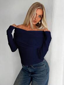 Aloruh Women's Casual Elegant Off-Shoulder Fitted Long Sleeve T-Shirt Spring - Navy Blue - View 5