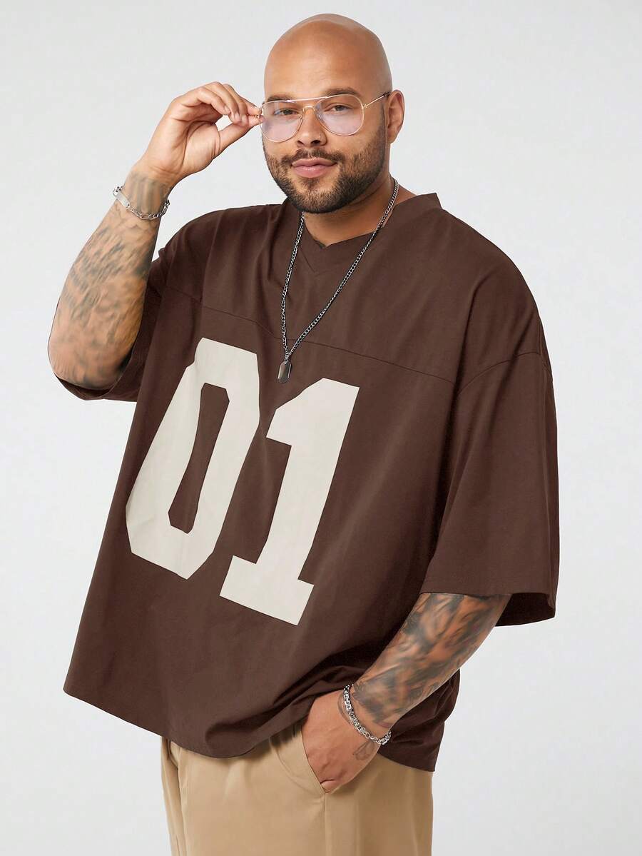 EASEVO Áo thun nam cỡ lớn in chữ, dáng rộng, cổ chữ V, tay ngắn, thích hợp cho mùa hè và thể thao. - Cà phê nâu - Xem 1