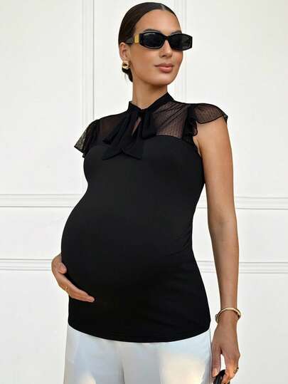 MaterniWear Elegant Maternity Mesh Patchwork Tie Neck Dolman Sleeve T-Shirt