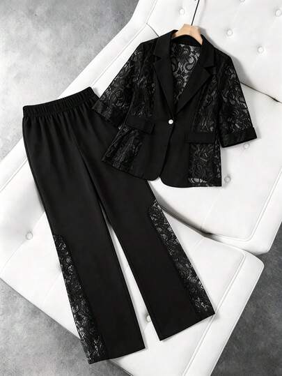 Modelyn Bộ đồ nữ cỡ lớn gồm áo khoác cổ chữ V cài một nút và quần ống rộng cạp chun, kiểu dáng thường ngày.