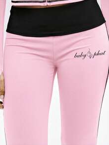 BABYPHAT Women Contrast Detail Flare Leggings High Waisted Wide Leg Yoga Pants Stretchy Lounge Bottoms Bell Bottom Style - Baby Pink - View 8