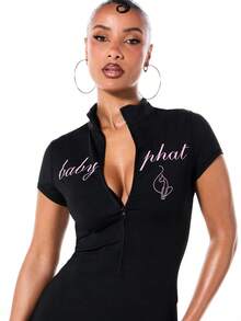 BABYPHAT Zip Up Collar Short Sleeve Capri Length Jumpsuit With Text Print Detail Jersey Stretch Fabric - Black - View 5