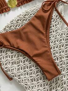 Swim Vcay Springbreak Women's Solid Color Spaghetti Strap Metal Shell Decor Side Tie Minimalist Bikini Set, Summer - Brown - View 6