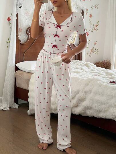 SHEIN Women's Knit Collared Cherry Bear Print Bow Decor Pajama Set
