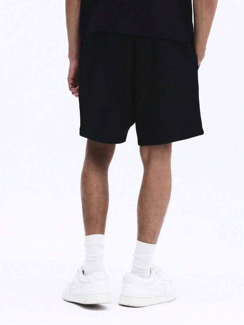 SUMWON Men's Black Casual Shorts With Contrast Blue Logo Summer Drawstring Athletic Leisure Shorts With Side Pockets