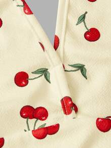 SHEIN MOD Đầm nữ cổ yếm, eo nhún, in hình quả anh đào - Vàng nhạt - Xem 3