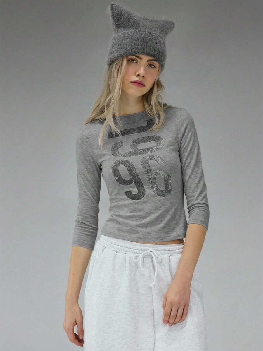 COUREZ Long Sleeve Jersey Top With Front Graphic Print /Y2K Long Sleeve Tops Going Out Tops Women Tops Winter Clothes For Women Blue Top Graphic Tees Women Cute Tops Summer Tops Summer Outfits - Grey - View 1