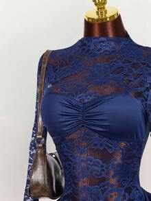 YkhahaAmplova Blusa de encaje para mujer con vestido mini ajustado de tul rojo vintage con cordón en el bajo, estilo bohemio para fiestaYkhaha - Azul marino - Ver 10