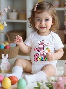 Mono informal de primavera y verano para niñas, con estampado de rayas, letras y diseño de conejo y zanahoria en color rosa, cómodo y apropiado para el ambiente festivo de Pascua - Blanco - Ver 4