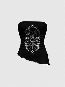 ROMWE Goth 哥特嬉皮波西米亚风蛇、太阳、月亮、飞蛾、蝴蝶、花卉印花无肩带/不对称肩部女式衬衫 - 黑色 - 查看 3