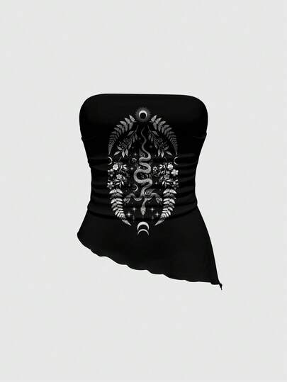 ROMWE Gothic Hippie Bohemian Snake, Sun, Moon, Moth, Butterfly, Floral Print Strapless/Asymmetrical Shoulder Blouse For Women