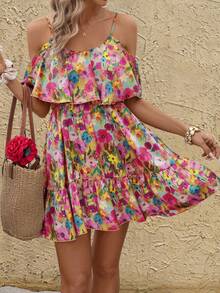 SHEIN Clasi 女士常规吊带荷叶边碎花迷你连衣裙，碎花短裙，女士度假连衣裙，女士碎花连衣裙，多色连衣裙，女士夏季连衣裙，春夏女装，复活节，优雅派对装，沙滩装，母亲毕业礼服，毕业礼服，伴娘礼服，婚礼宾客礼服，婚礼，女士度假装，夏季假日装，女士正式服装，Y2K，女士办公室装，荷叶边连衣裙，碎花连衣裙，印花女装，女士假日连衣裙 - 彩色 - 查看 4