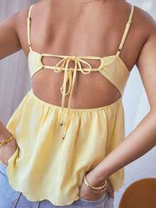 SHEIN Aralina-E Plaid Tie Back Flowy Vacation Summer Babydoll Peplum Cami Top - Yellow - View 2