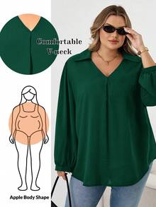 SHEIN CURVE+ 大码女装秋冬休闲宽松舒适V领黑色长袖衬衫，秋季女装，女式衬衫，大码上衣，复古风，黑色上衣，商务休闲女装，办公室女装，W码，教师衬衫，女士秋冬服装，冬季，大码 - 墨綠色 - 查看 9