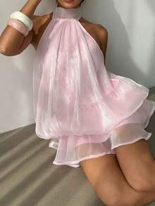 Aloruh Women's Elegant Light Yellow Halter Tie Mini Dress - Baby Pink - View 4