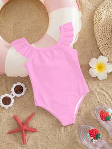 SHEIN Baby Girls' Casual Minimalist Fitted One-Piece Swimsuit, Suitable For Summer - Multicolor - View 2