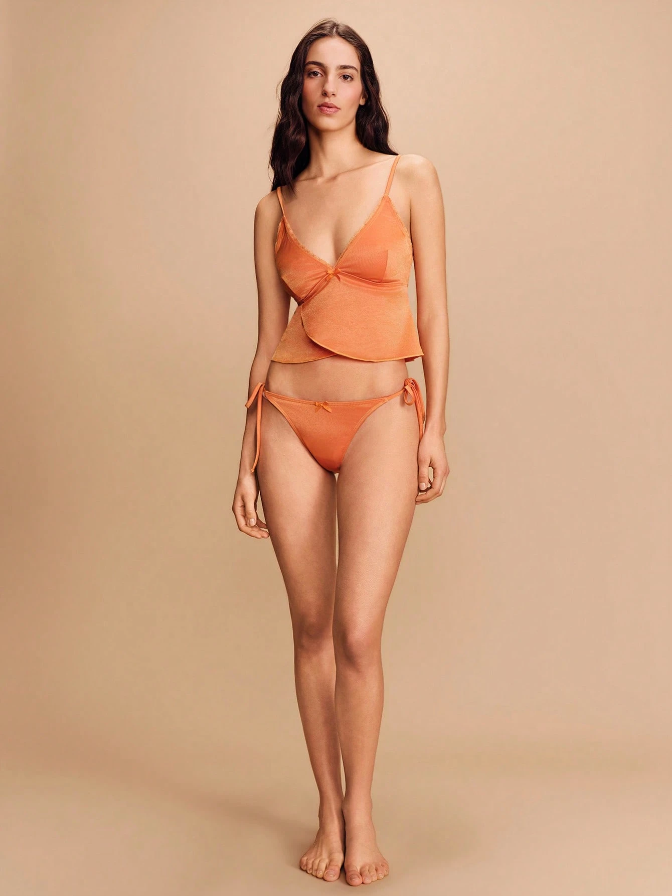 Conjunto de bikini naranja con brillo, con top corto y Bottom con lazos, estilo primavera-verano