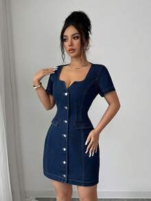 Elenzga 女士单排扣收腰休闲牛仔连衣裙，适合日常穿着和约会 - 深色水洗藍 - 查看 6