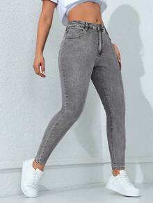 Flexra Plus Size Women Casual Elastic Fitted Black Denim Jeans - Light Grey - View 3