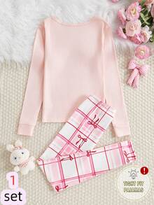 SHEIN Tween Girl Bow Print Long Sleeve Top And Plaid Leggings Pajama Set  Snug Fit Bow Pjs - Multicolor - View 2
