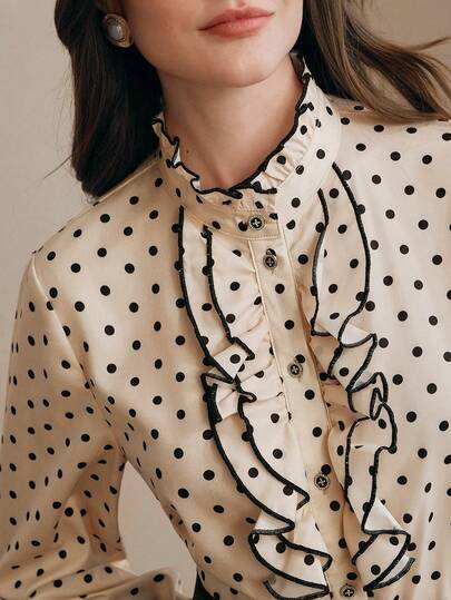 Anewsta Elegant French Random Polka Dot Print Ruffle Collar Versatile Leaf Edge Women Blouse, Suitable For Spring To Summer, Carnival Costume, Elegant Dress, Casual Wear